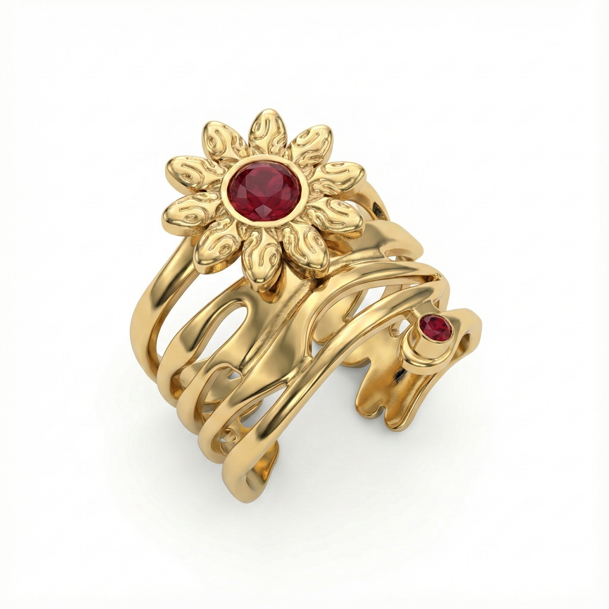 Bague solaire en acier inoxydable doré avec motif fleur rayonnante et pierres rouges, bijou symbolique et audacieux