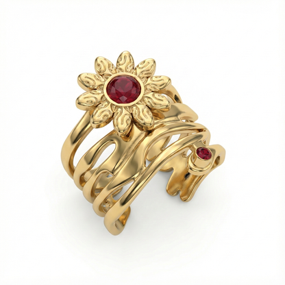 Bague solaire en acier inoxydable doré avec motif fleur rayonnante et pierres rouges, bijou symbolique et audacieux