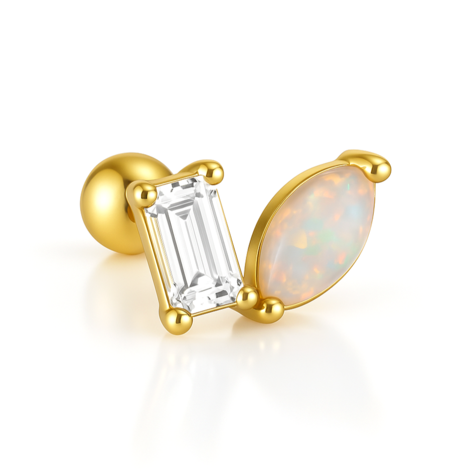Ajoutez une touche d'élégance et de mystère à votre look avec cette boucle d'oreille unique en argent 925 doré à l'or fin, ornée d'une somptueuse opale et d'un éclatant zircon. L'opale, avec ses reflets chatoyants et colorés, est magnifiquement mise en valeur par le zircon brillant, créant un contraste subtil et raffiné. L'argent 925 doré à l'or fin apporte une finition luxueuse et intemporelle, garantissant un bijou à la fois durable et élégant, parfait pour toute occasion.