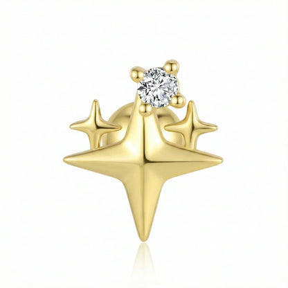 Boucle d’oreille en argent 925 doré à l’or fin en forme d’étoile avec diamant rond serti griffes, bijou raffiné au design joaillerie