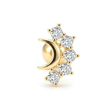 Boucle d’oreille en argent 925 doré à l’or 18k en forme de lune avec oxydes de zirconium sertis griffes, bijou élégant au design joaillerie