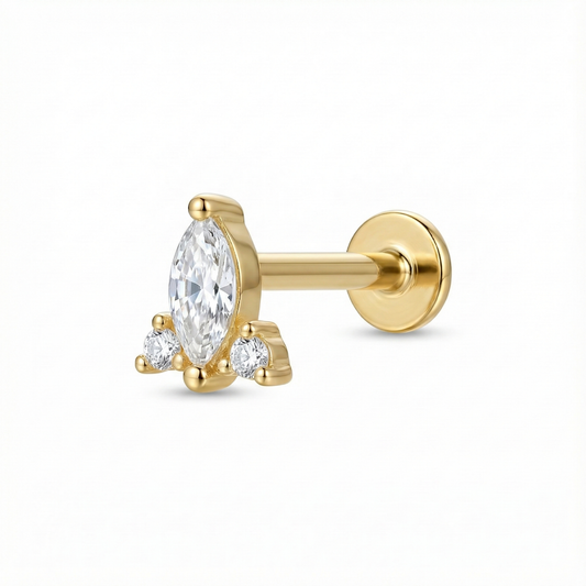 Mono boucle d'oreille vendue à l'unité avec plusieurs zircons brillants, idéale pour piercing lobe, helix ou cartilage en argent doré.