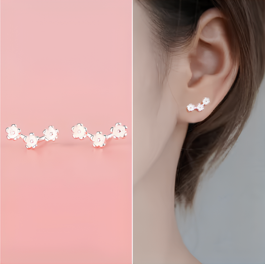 Boucles d'Oreilles Puces Argent Fin 999 3 Petites Fleurs