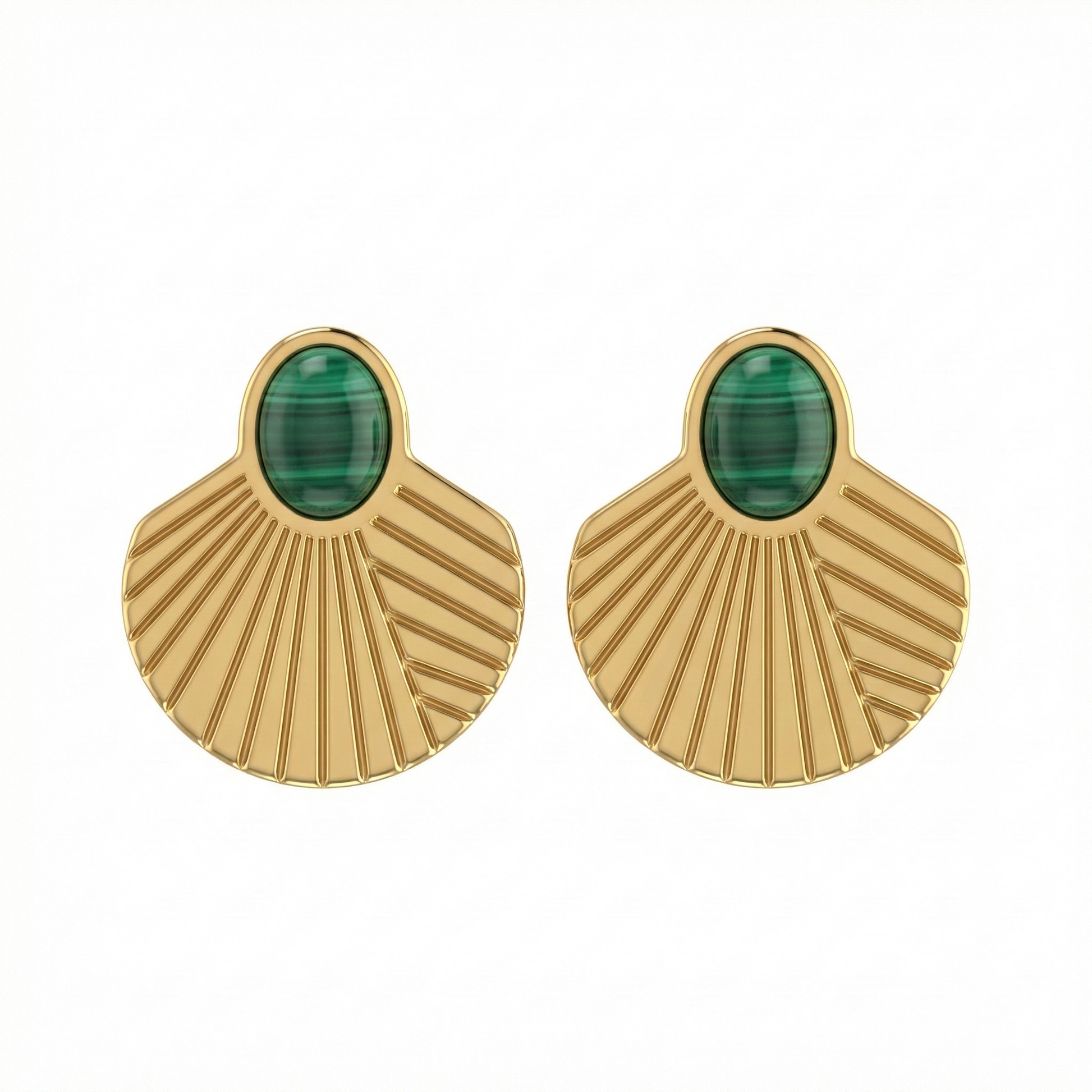 Boucles d’oreilles dorées en acier inoxydable effet coquillage avec pierre verte style malachite
