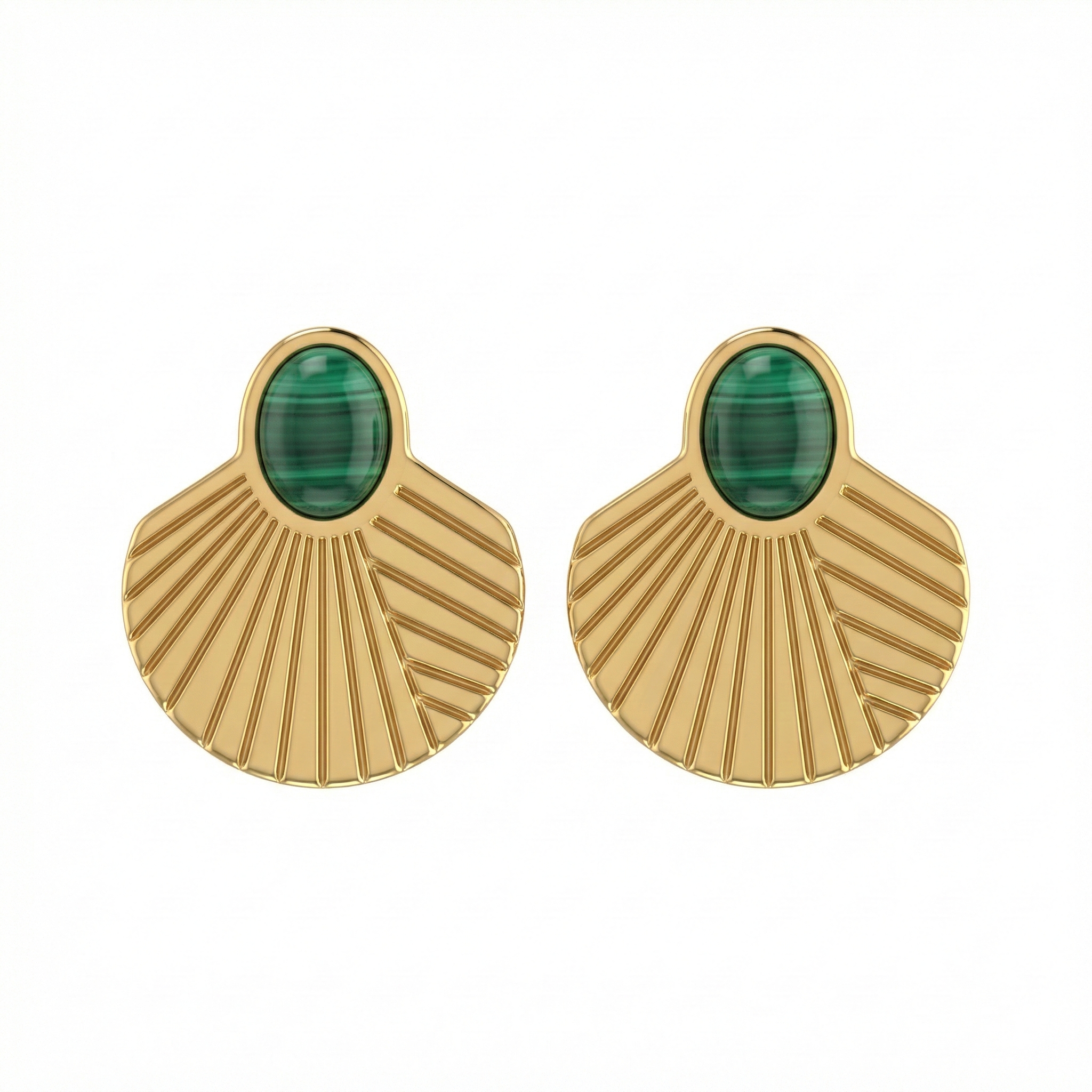 Boucles d’oreilles dorées en acier inoxydable effet coquillage avec pierre verte style malachite