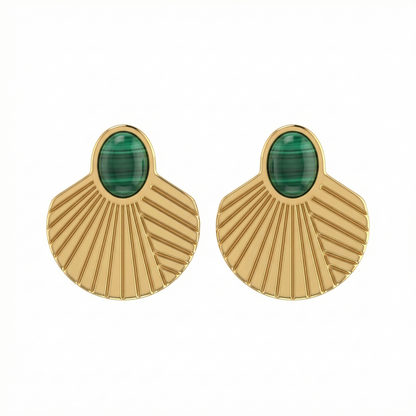 Boucles d’oreilles dorées en acier inoxydable effet coquillage avec pierre verte style malachite