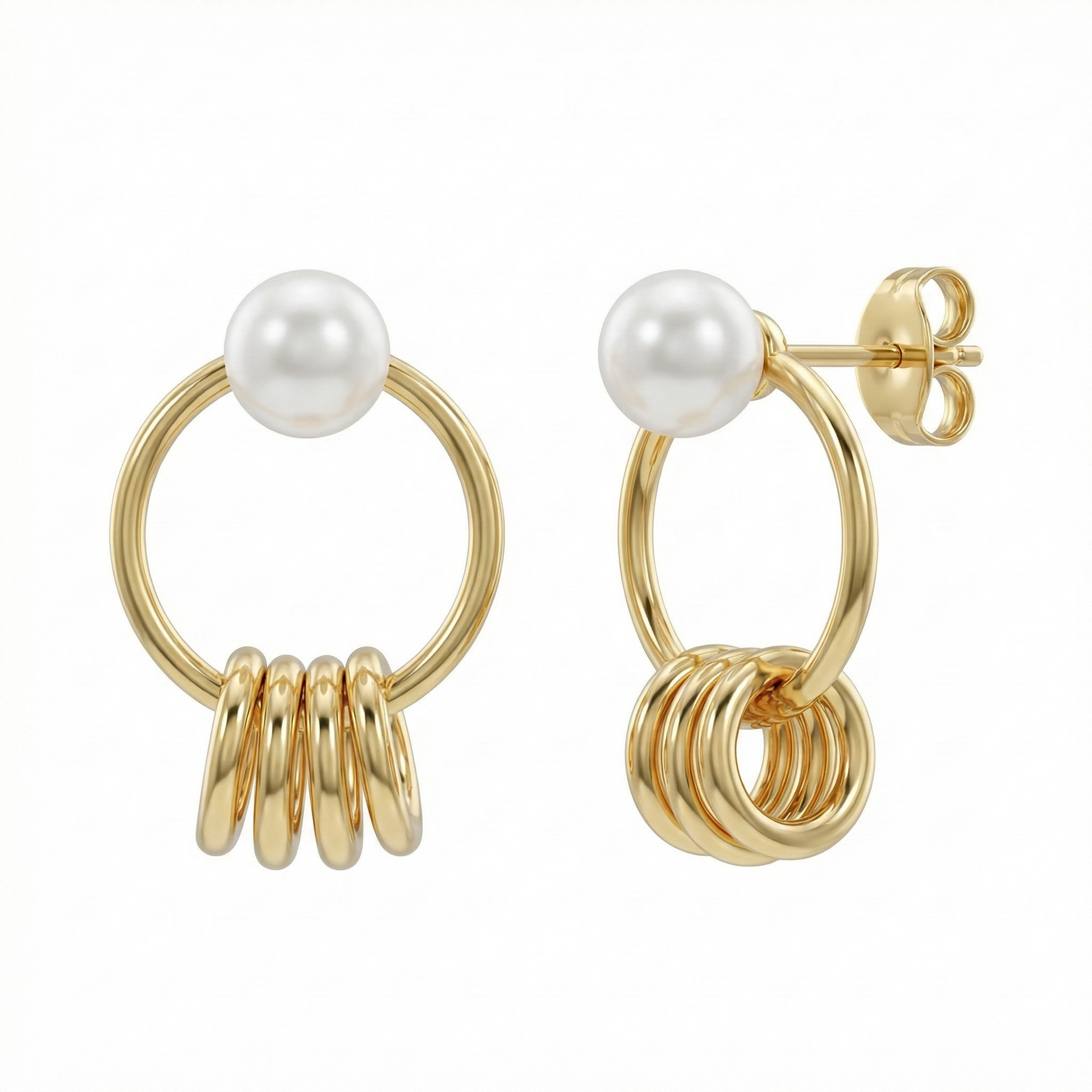 Boucles d’oreilles dorées or 18k avec perle blanche et anneaux géométriques