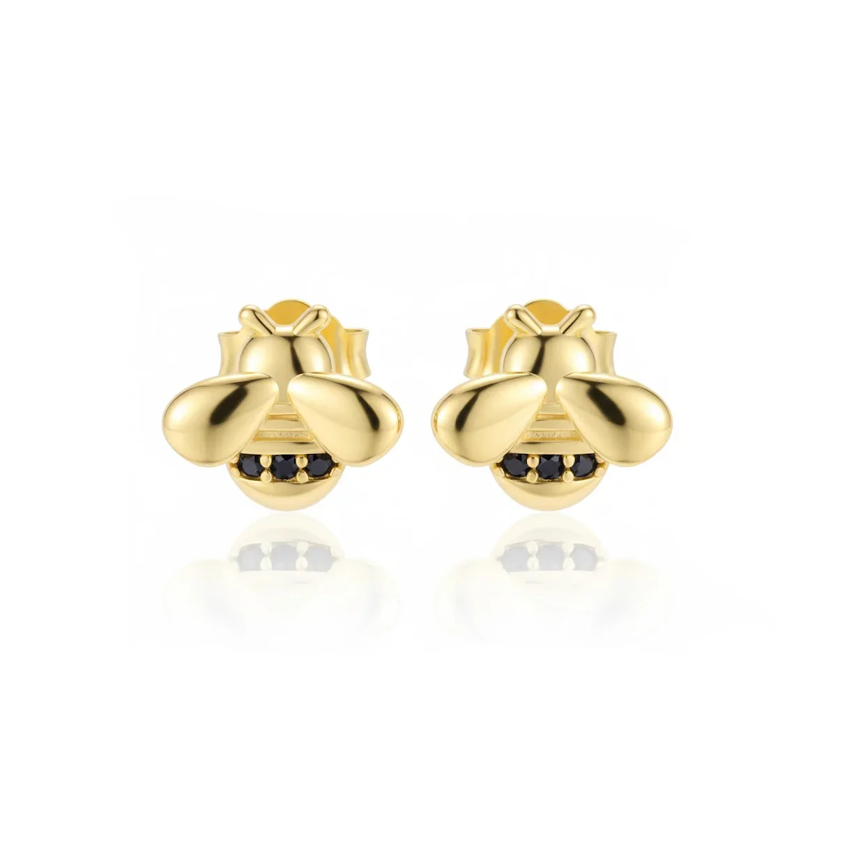 Boucles d'oreilles en or jaune en forme d'abeille avec détails noir brillant