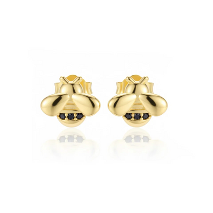 Boucles d'oreilles en or jaune en forme d'abeille avec détails noir brillant
