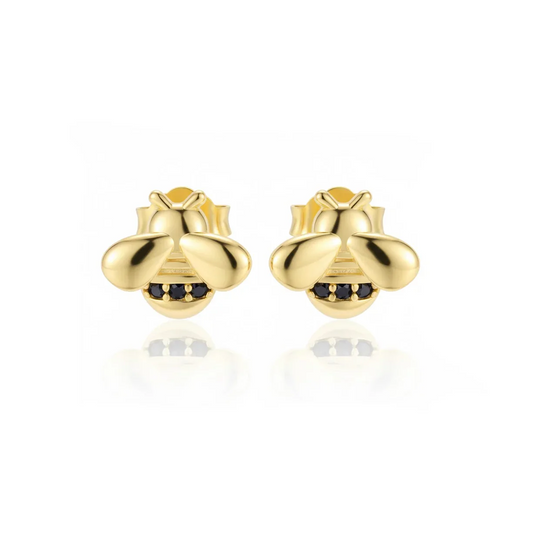 Boucles d'oreilles en or jaune en forme d'abeille avec détails noir brillant