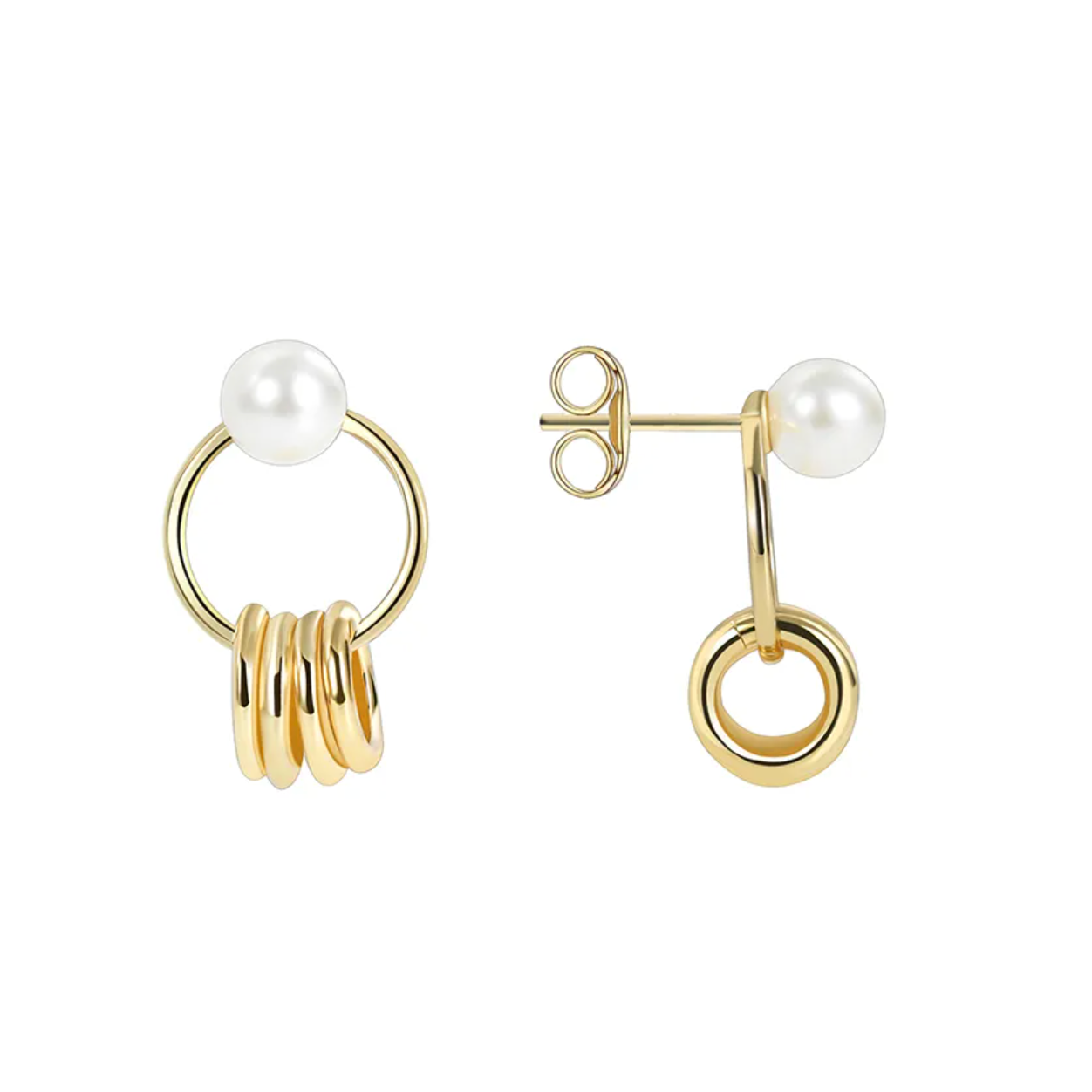 Boucles d’oreilles couleur or avec perle blanche et anneaux modernes, style élégant pour femme.