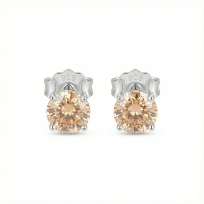Boucles d’oreilles clous en argent 925 avec zircon couleur champagne taille ronde serti griffes, bijou élégant et intemporel