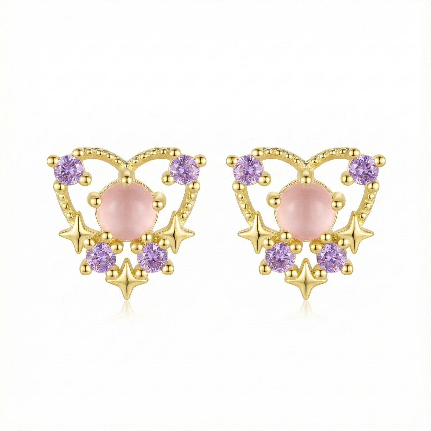 Boucles d'oreilles en forme de cœur en argent doré, serties d'une pierre rose centrale et de zircons, idée cadeau romantique.