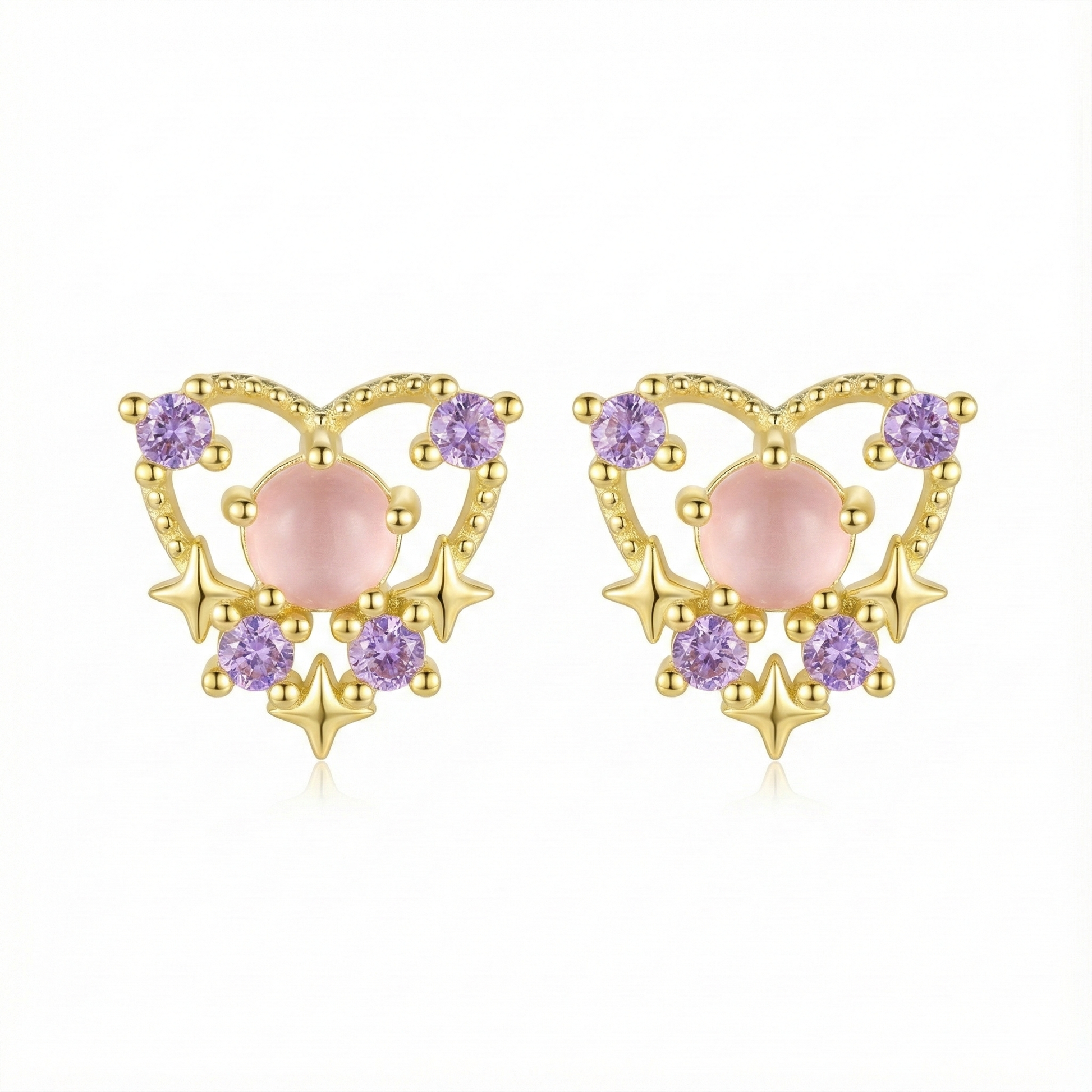 Boucles d'oreilles en forme de cœur en argent doré, serties d'une pierre rose centrale et de zircons, idée cadeau romantique.