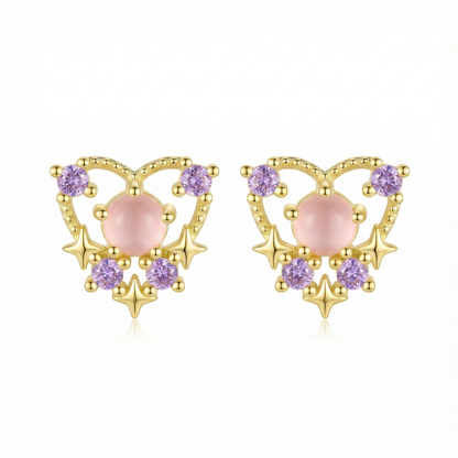 Boucles d'oreilles en forme de cœur en argent doré, serties d'une pierre rose centrale et de zircons, idée cadeau romantique.