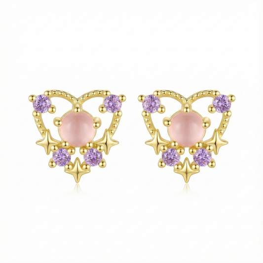 Boucles d'oreilles en forme de cœur en argent doré, serties d'une pierre rose centrale et de zircons, idée cadeau romantique.