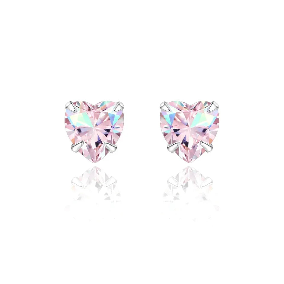 Boucles d’oreilles clous en argent 925 serties de pierres roses irisées en forme de cœur, bijou élégant pour femme