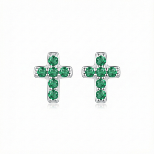 Boucles d'oreilles puces croix en argent 925 serties de zircons vert émeraude, style précieux et royal.