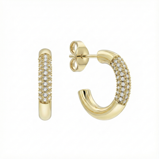 Boucles d’oreilles dorées or 18k rectangulaires avec pierre bleue facettée, ligne de zircons et émail blanc, design graphique élégant