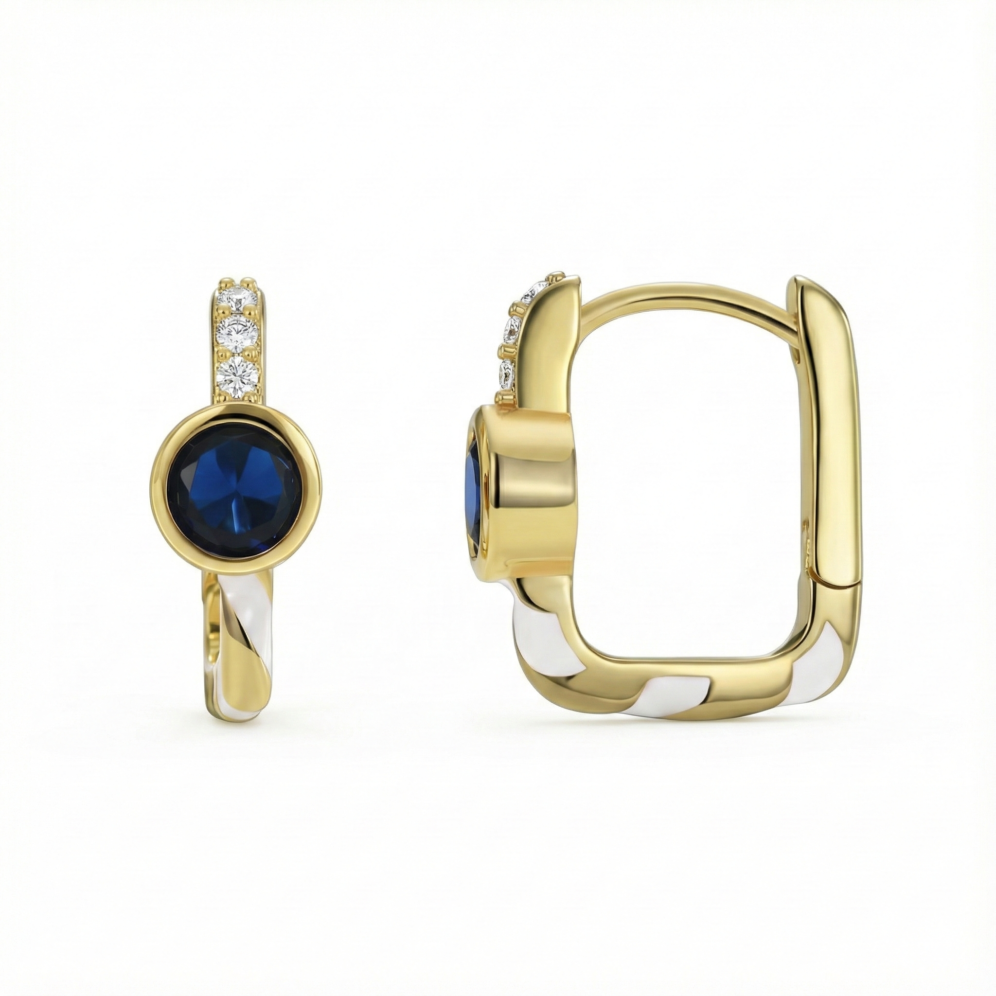 Boucles d’oreilles dorées or 18k rectangulaires avec pierre bleue facettée, ligne de zircons et émail blanc, design graphique élégant