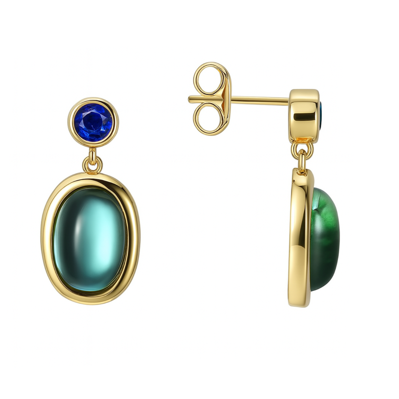 Ces boucles d’oreilles pendantes couleur doré attirent instantanément le regard grâce à leur duo de pierres captivantes. Une pierre bleue intense façon saphir couronne la tige, surmontant une grosse pierre ovale vert opaline au reflet profond et lumineux, mise en valeur par une monture lisse dorée au contour parfaitement poli.
