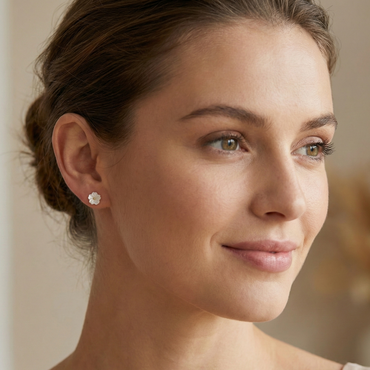 Boucles d'oreilles motif fleur blanche (style nacre) en acier inoxydable doré, bijou romantique idéal mariage ou printemps.