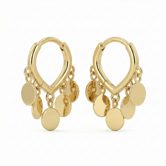 Boucles d’oreilles pendantes dorées or 18k en forme de goutte ajourée avec pastilles ovales mobiles, bijou bohème lumineux et féminin