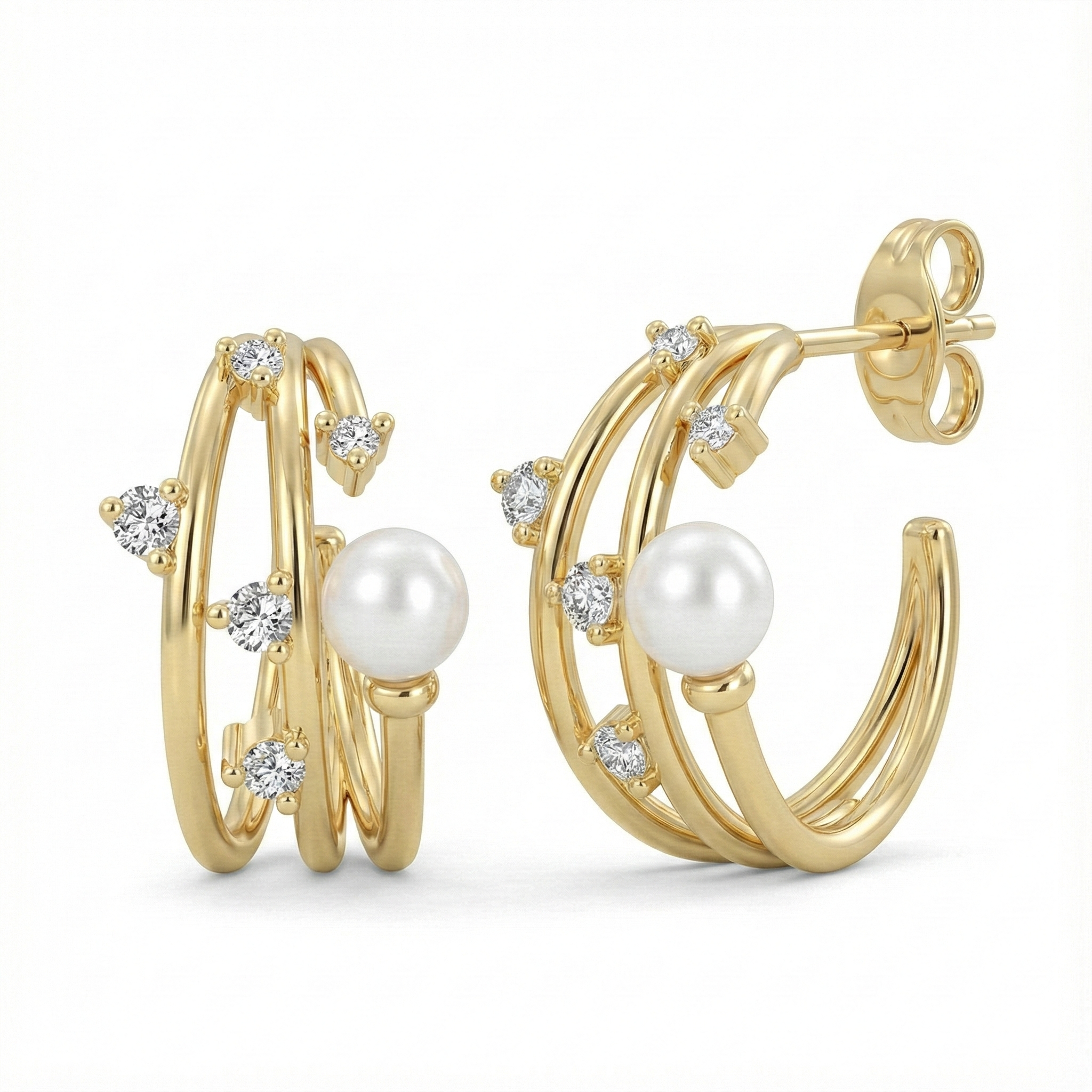 Boucles d’oreilles puces dorées or 18k avec double anneau entrelacé, zircons blancs scintillants et perle blanche ronde