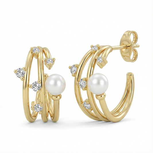 Boucles d’oreilles puces dorées or 18k avec double anneau entrelacé, zircons blancs scintillants et perle blanche ronde