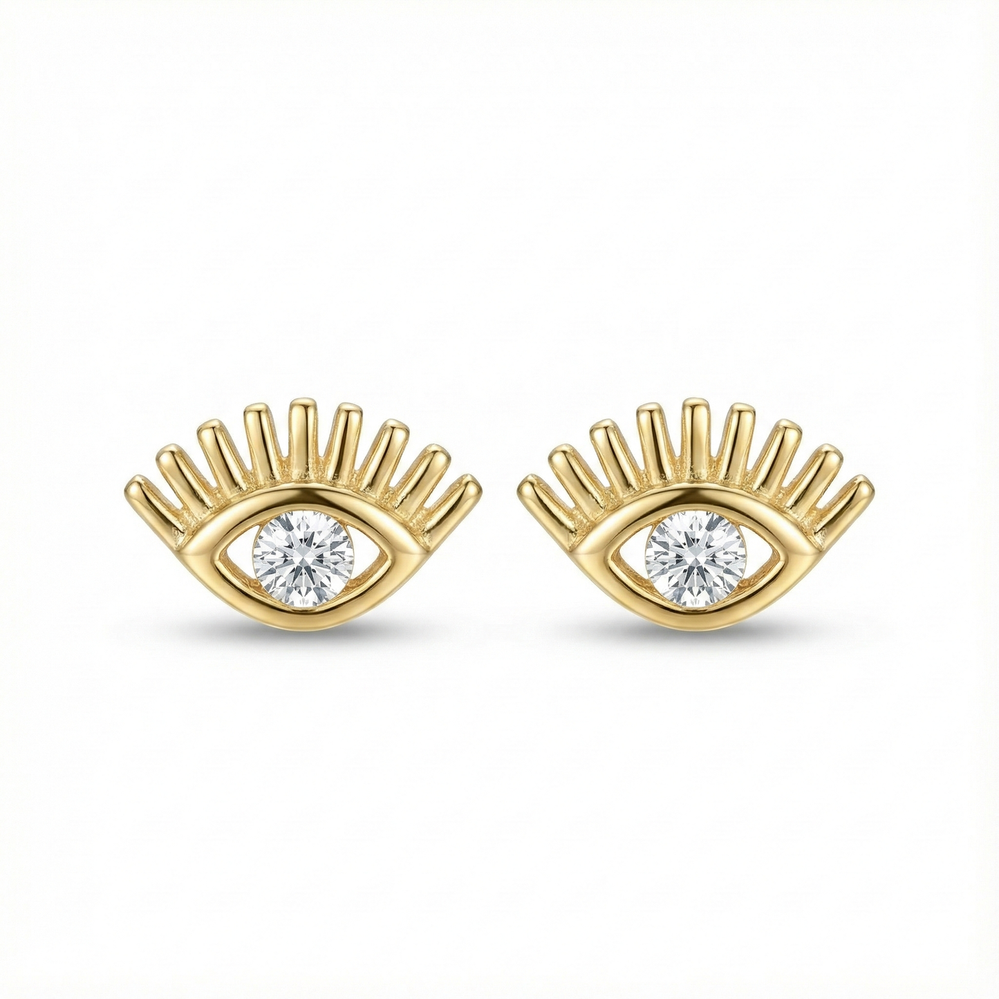 Boucles d'oreilles puces motif œil protecteur (mauvais œil) en argent 925 doré, serties d'un zircon central porte-bonheur.