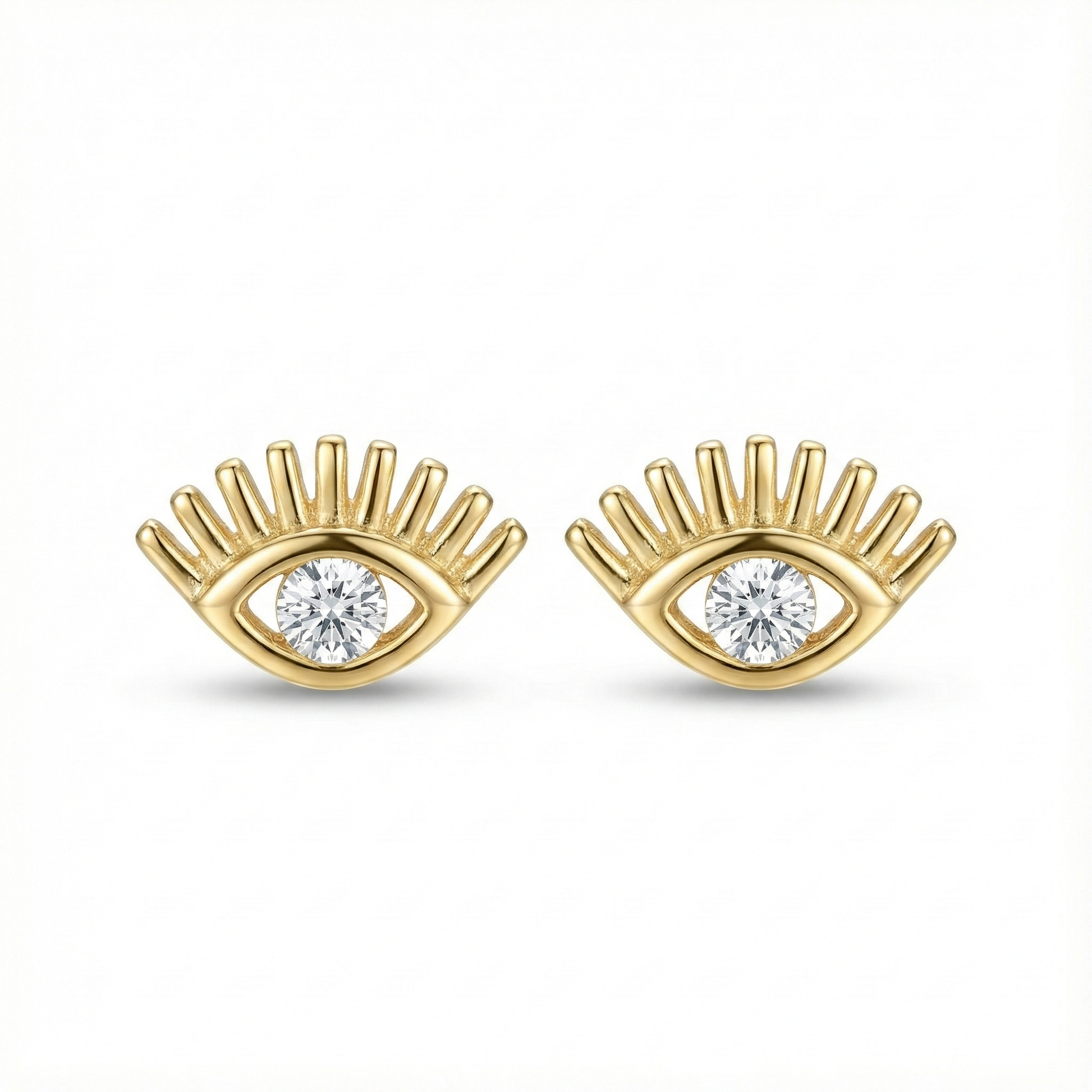 Boucles d'oreilles puces motif œil protecteur (mauvais œil) en argent 925 doré, serties d'un zircon central porte-bonheur.