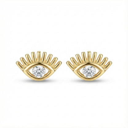 Boucles d'oreilles puces motif œil protecteur (mauvais œil) en argent 925 doré, serties d'un zircon central porte-bonheur.