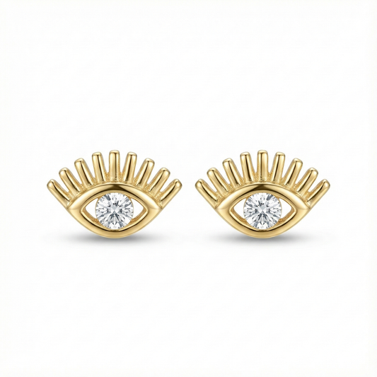 Boucles d'oreilles puces motif œil protecteur (mauvais œil) en argent 925 doré, serties d'un zircon central porte-bonheur.