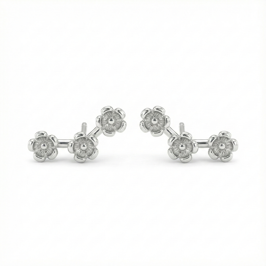 Puces d'oreilles motif trio de fleurs en argent pur 999 (argent fin), bijou floral hypoallergénique haute qualité.