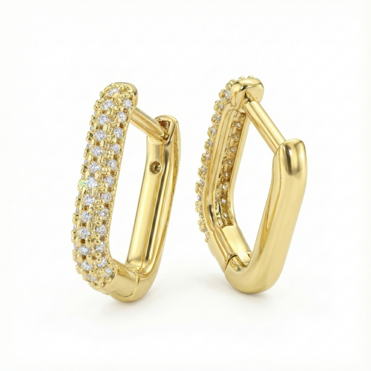 Boucles d’oreilles rectangles dorées or 18k entièrement pavées de zircons scintillants, bijou géométrique moderne et sophistiqué