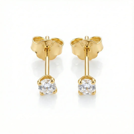 Boucles d’oreilles clous en argent 925 doré serties d’une pierre blanche, bijou classique et élégant pour femme