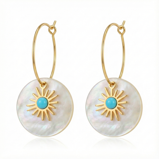 boucles d’oreilles pendantes acier inoxydable doré disque nacre turquoise vue large