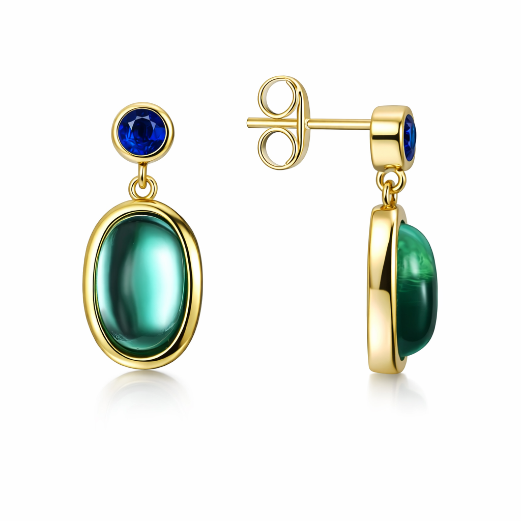 Boucles d’oreilles pendantes dorées or 18k avec pierres synthétiques bleue et vert opalescent