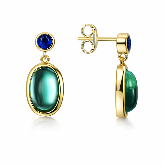 Boucles d’oreilles pendantes dorées or 18k avec pierres synthétiques bleue et vert opalescent