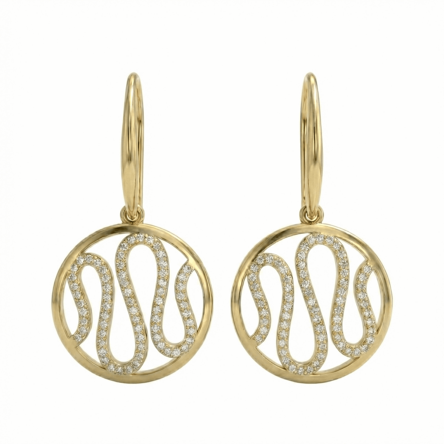 Boucles pendantes dorées or 18k serties de pierres, design graphique arrondi, fermoir crochet, élégantes pour un usage quotidien