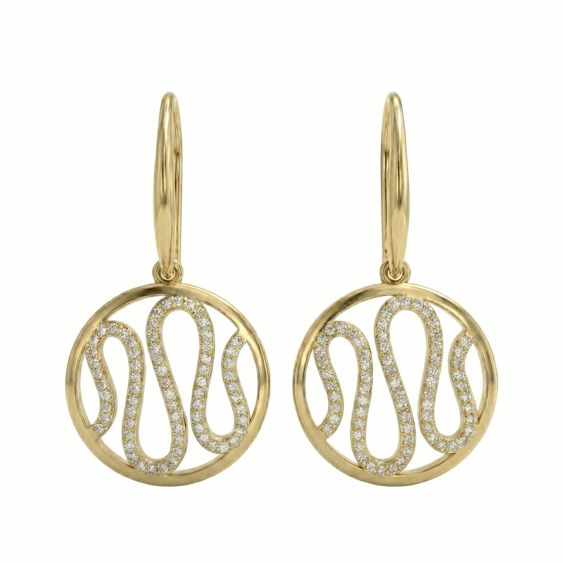 Boucles pendantes dorées or 18k serties de pierres, design graphique arrondi, fermoir crochet, élégantes pour un usage quotidien