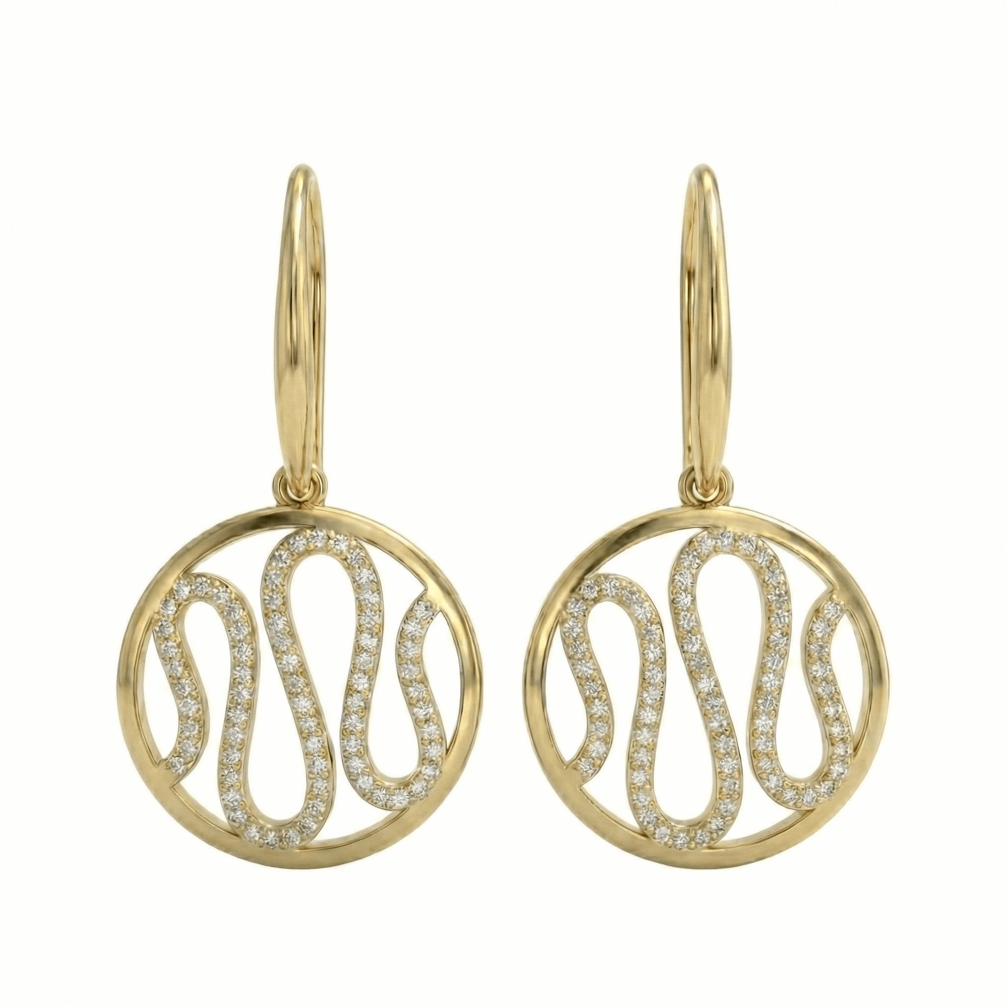 Boucles pendantes dorées or 18k serties de pierres, design graphique arrondi, fermoir crochet, élégantes pour un usage quotidien