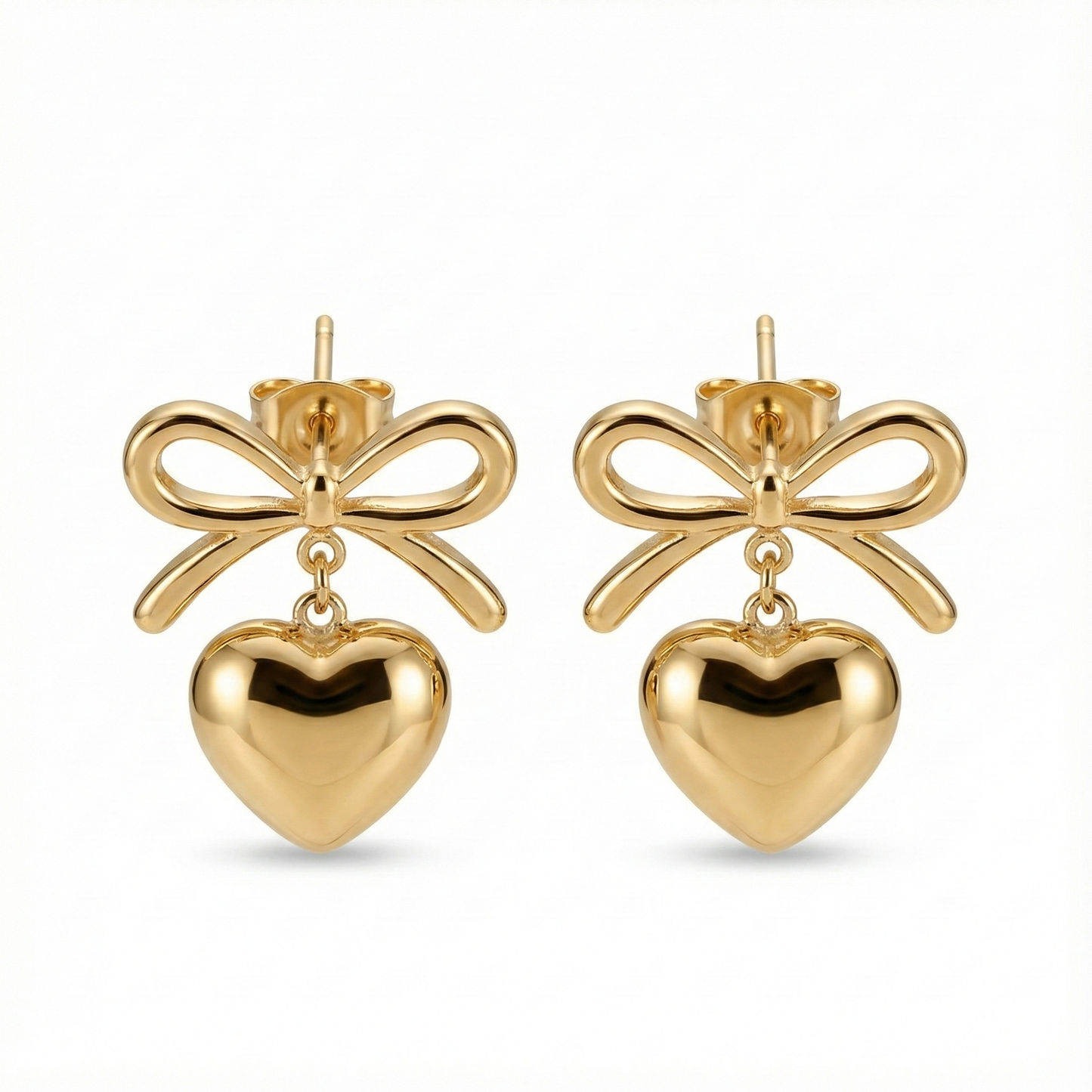 boucles d’oreilles puces acier inoxydable cœur et nœud vue large