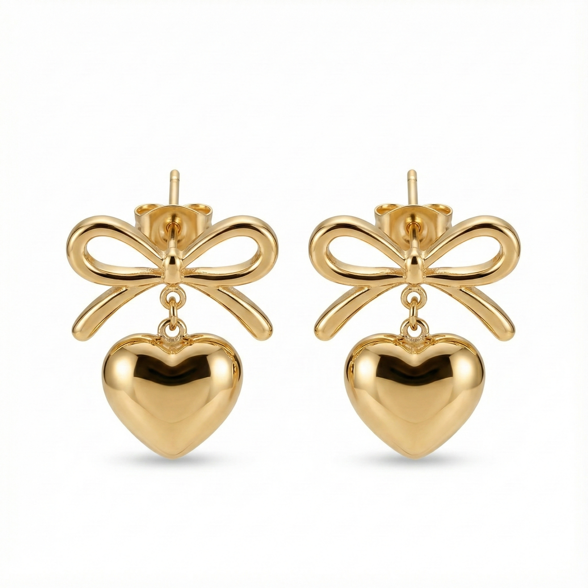 boucles d’oreilles puces acier inoxydable cœur et nœud vue large