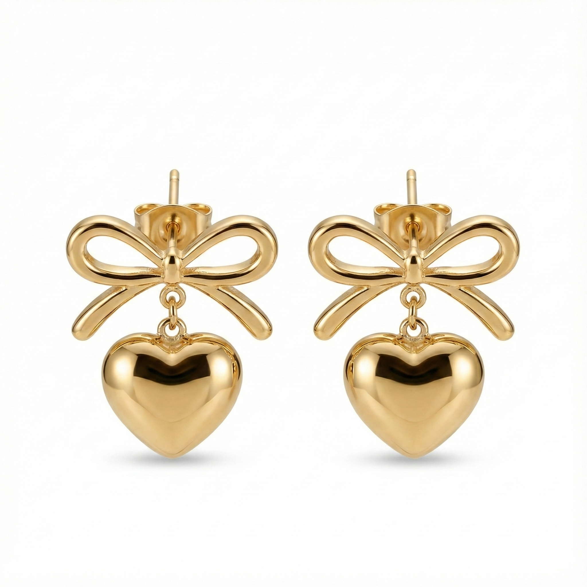 boucles d’oreilles puces acier inoxydable cœur et nœud vue large