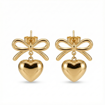 boucles d’oreilles puces acier inoxydable cœur et nœud vue large