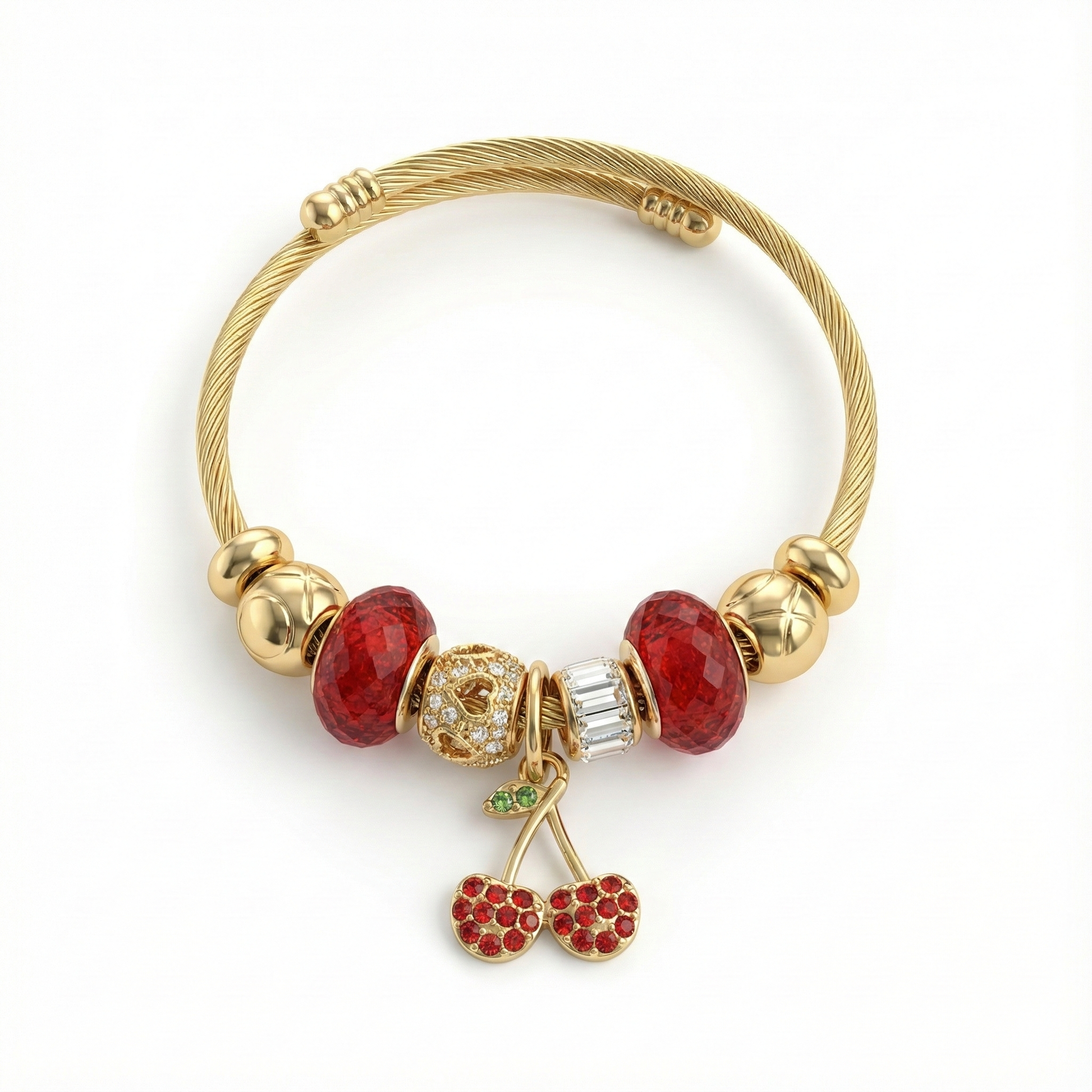 bracelet acier inoxydable doré charms cerises cristaux rouges vue large