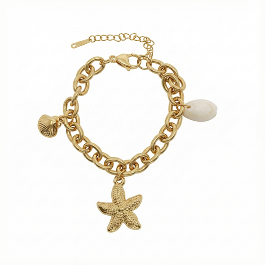 bracelet acier inoxydable doré gourmette breloques coquillage