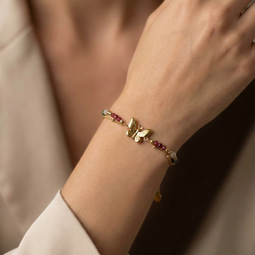 bracelet acier inoxydable doré papillon doré perles multicolores vue large