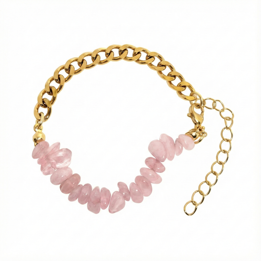 bracelet acier inoxydable doré pierres roses maille dorée vue large